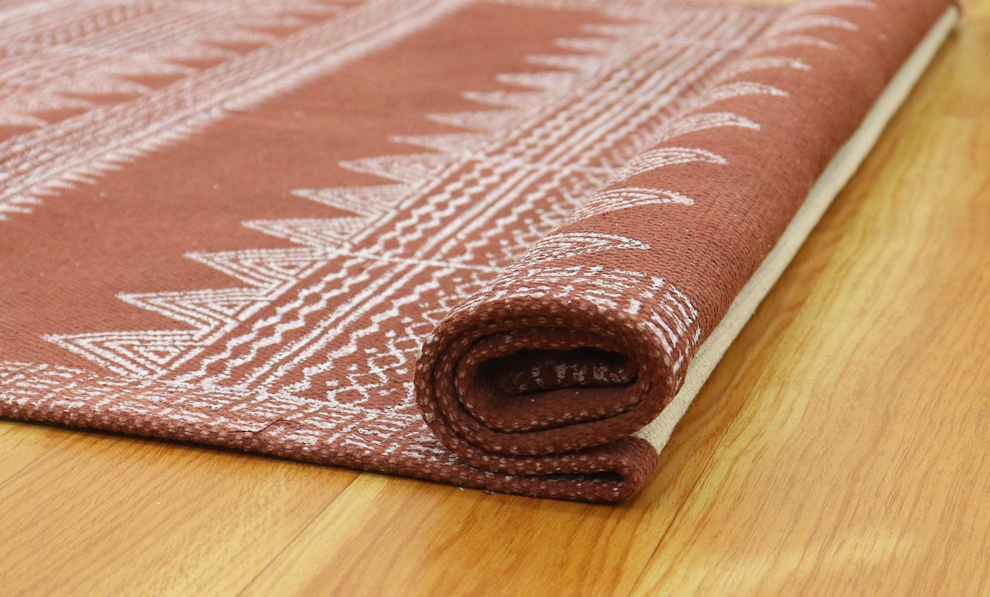 Brown Beige Indian Hand Block Print Geometric Trendy Cotton rug