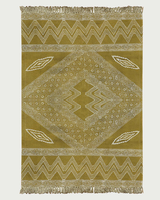 Green Beige Indian Hand Block Print Geometric Guest room Cotton rug