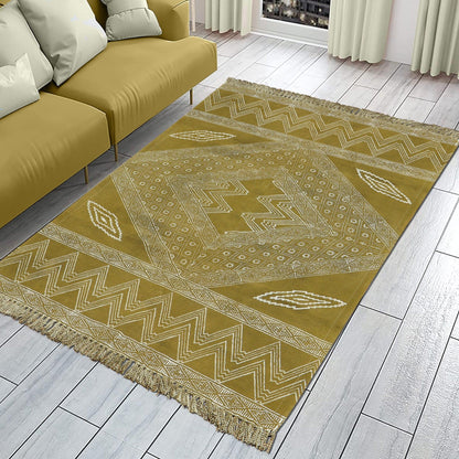 Green Beige Indian Hand Block Print Geometric Guest room Cotton rug