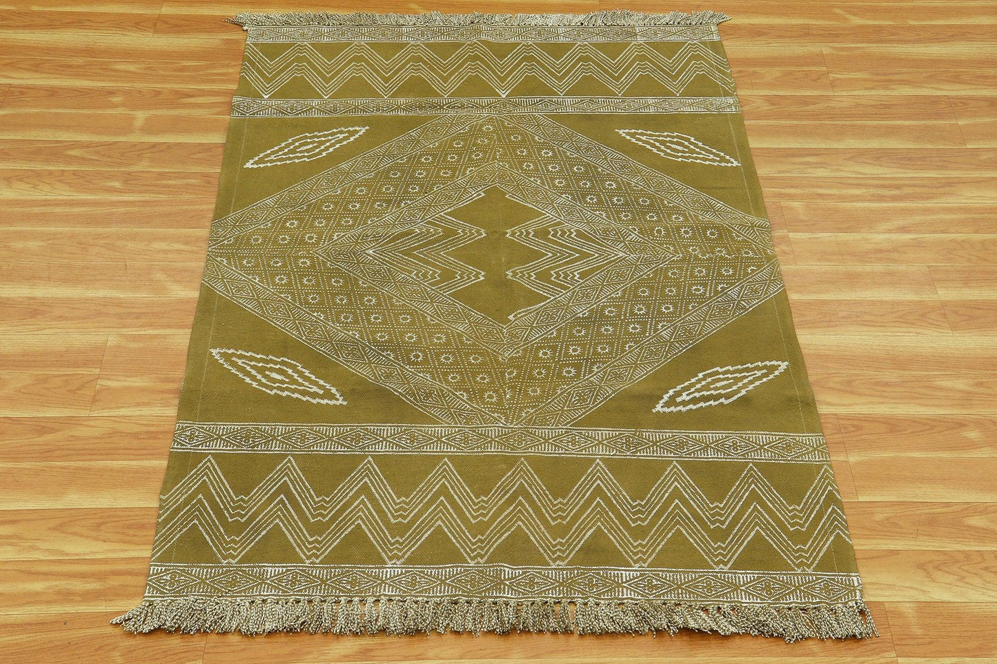 Green Beige Indian Hand Block Print Geometric Guest room Cotton rug