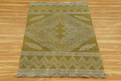 Green Beige Indian Hand Block Print Geometric Guest room Cotton rug