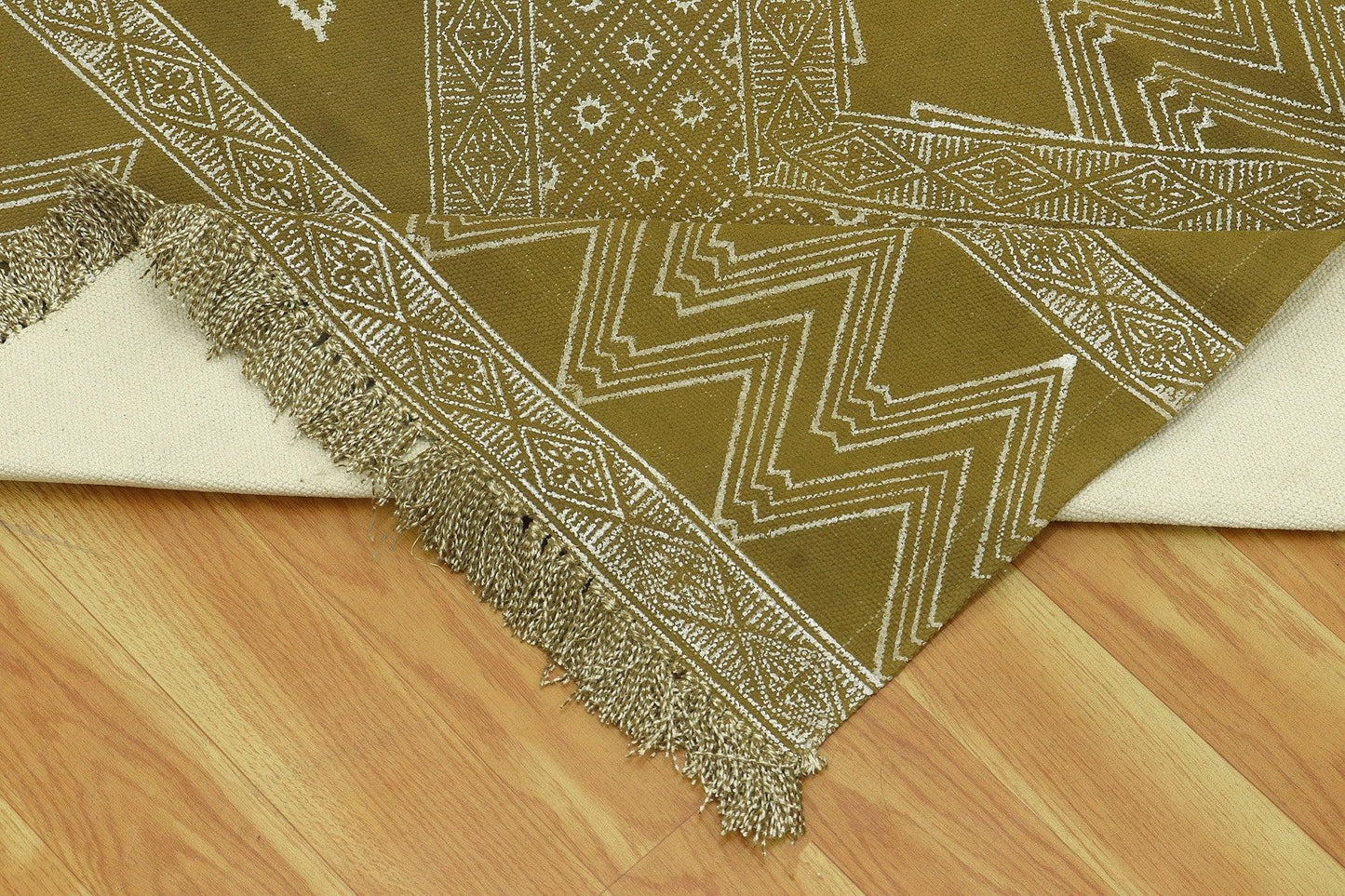 Green Beige Indian Hand Block Print Geometric Guest room Cotton rug