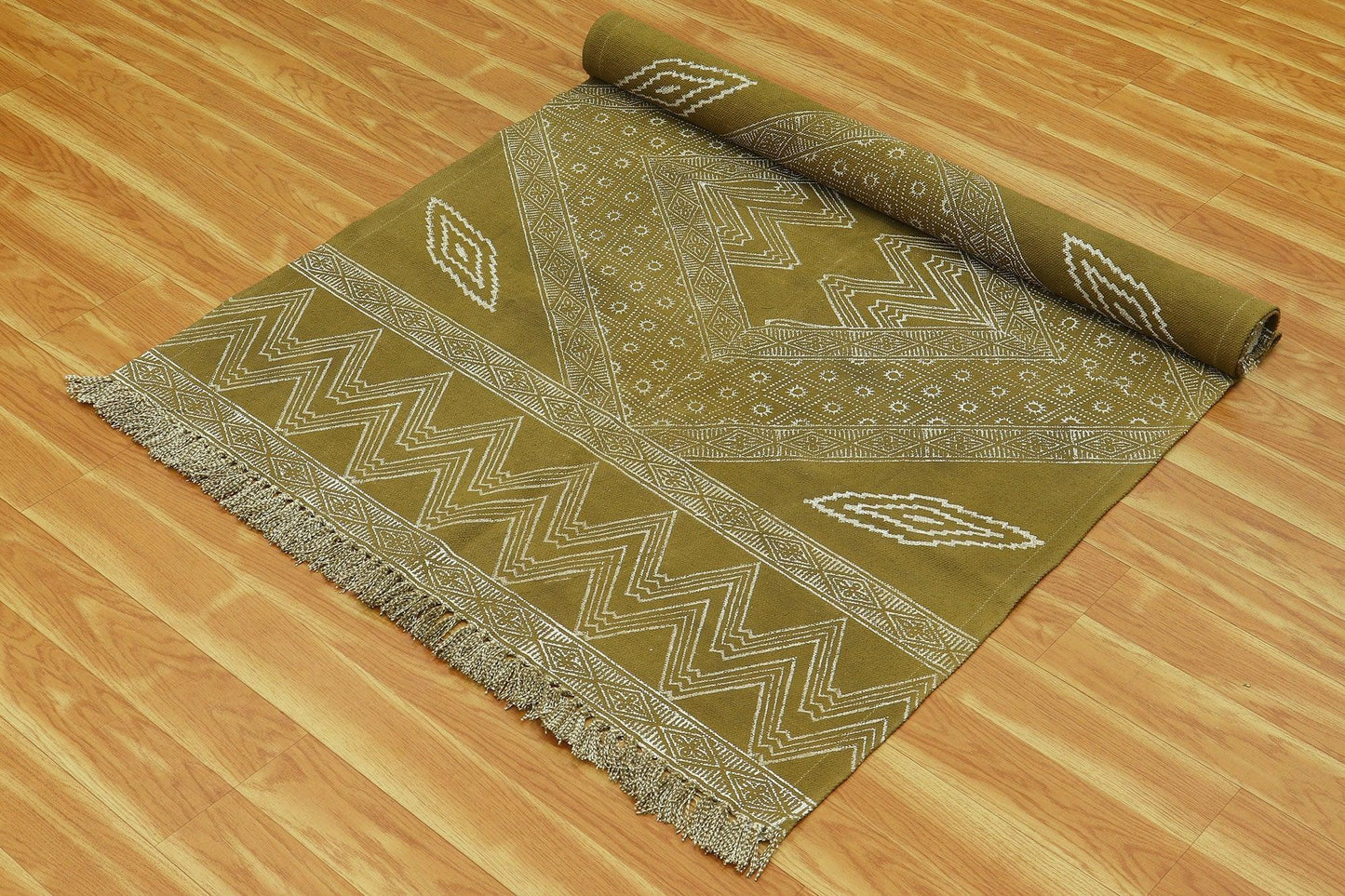 Green Beige Indian Hand Block Print Geometric Guest room Cotton rug