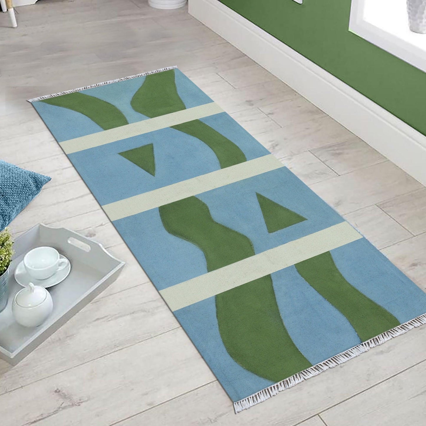 Green Blue Indian Hand Block Print Geometric Guest room Cotton rug