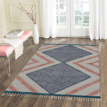 Blue Pink Indian Hand Block Print Geometric Guest room Cotton rug