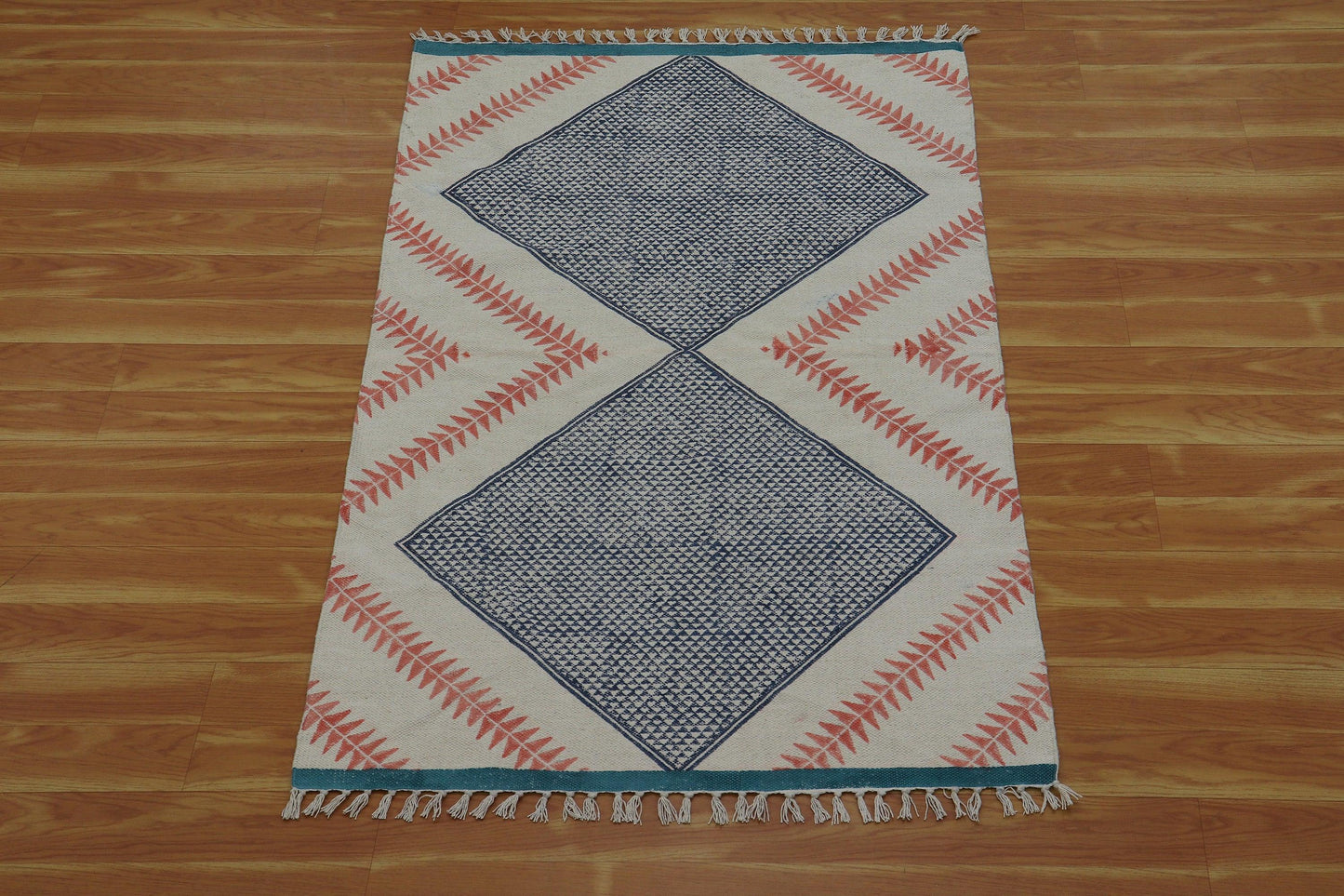 Blue Pink Indian Hand Block Print Geometric Guest room Cotton rug