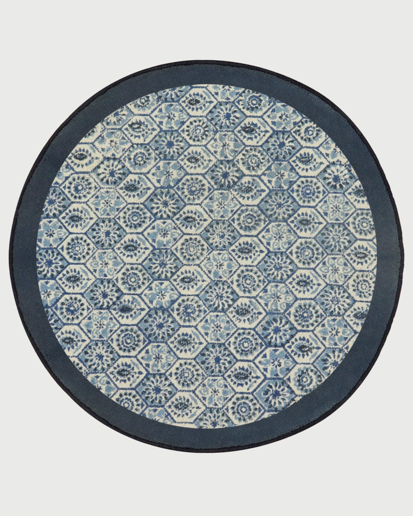 Trendy Hand Block Printed Blue Interior Round Cotton Dhurrie