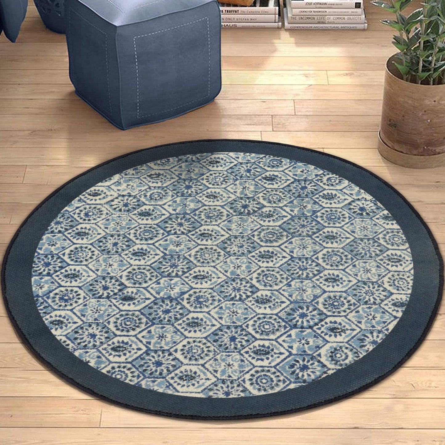 Trendy Hand Block Printed Blue Interior Round Cotton Dhurrie