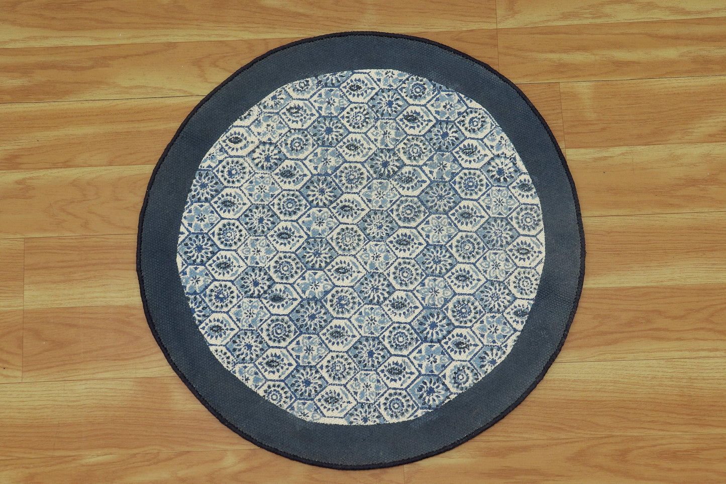 Trendy Hand Block Printed Blue Interior Round Cotton Dhurrie