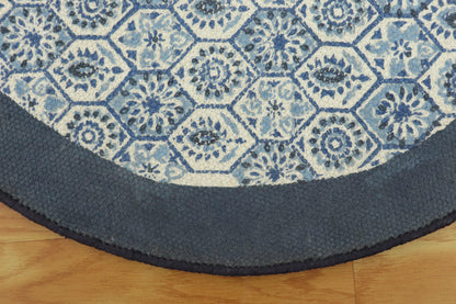 Trendy Hand Block Printed Blue Interior Round Cotton Dhurrie