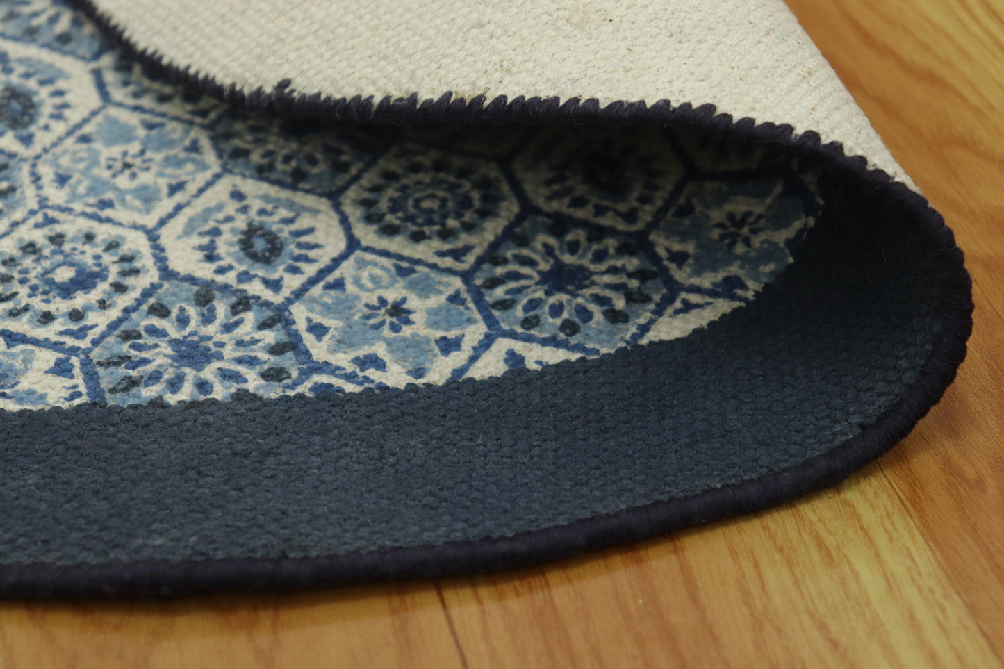 Trendy Hand Block Printed Blue Interior Round Cotton Dhurrie