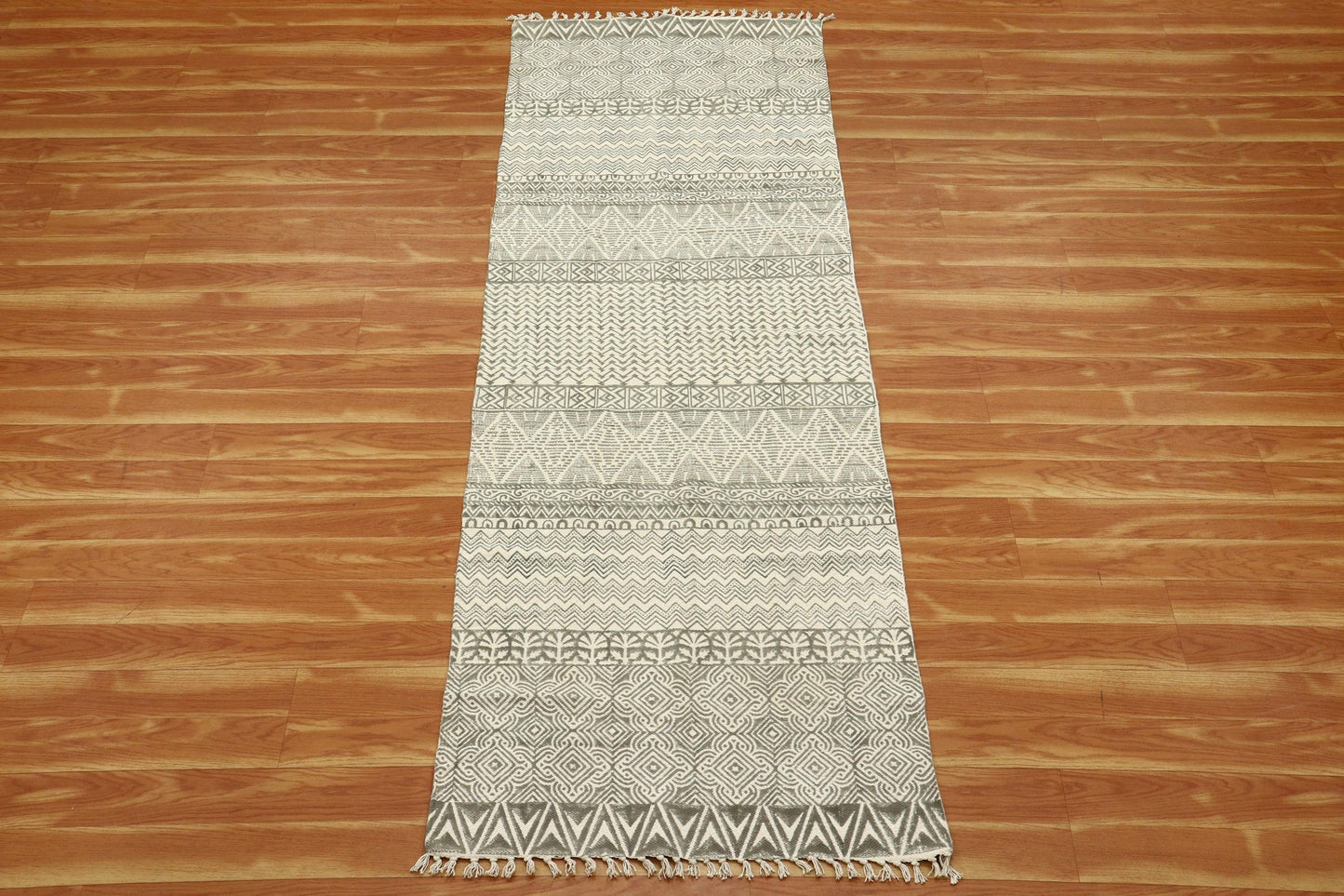 Beige Gray Indian Hand Block Print Geometric Guest room Cotton rug