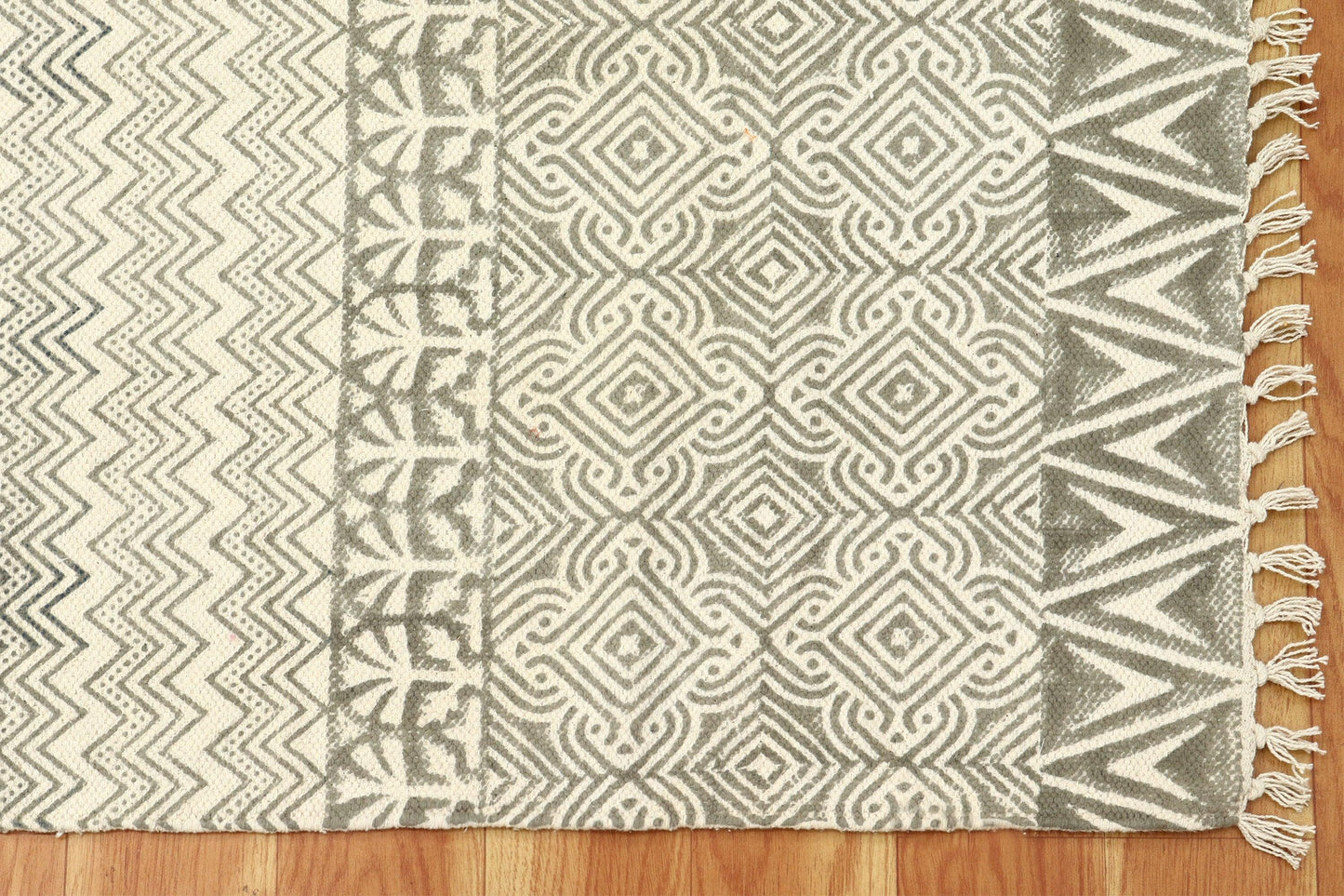 Beige Gray Indian Hand Block Print Geometric Guest room Cotton rug