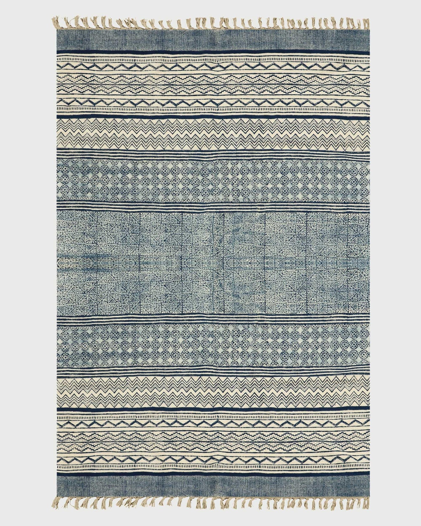 Blue Beige Indian Hand Block Print Geometric Guest room Cotton rug