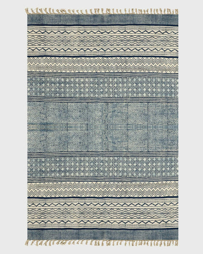 Blue Beige Indian Hand Block Print Geometric Guest room Cotton rug