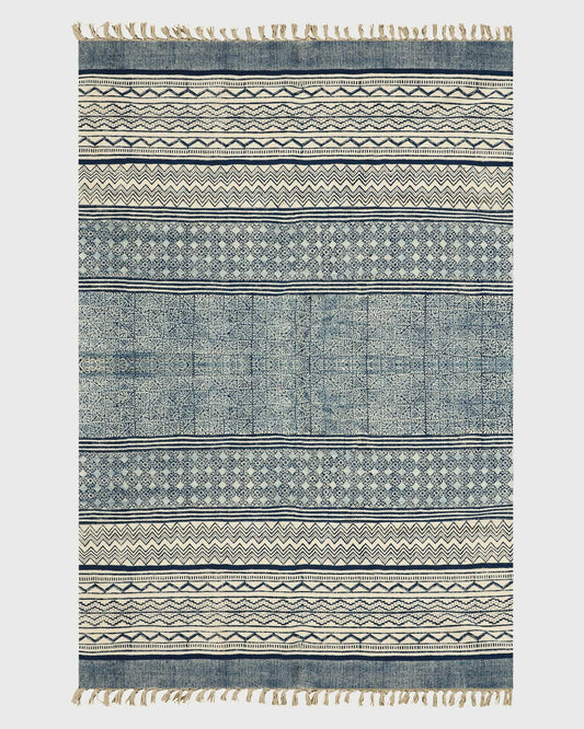 Blue Beige Indian Hand Block Print Geometric Guest room Cotton rug