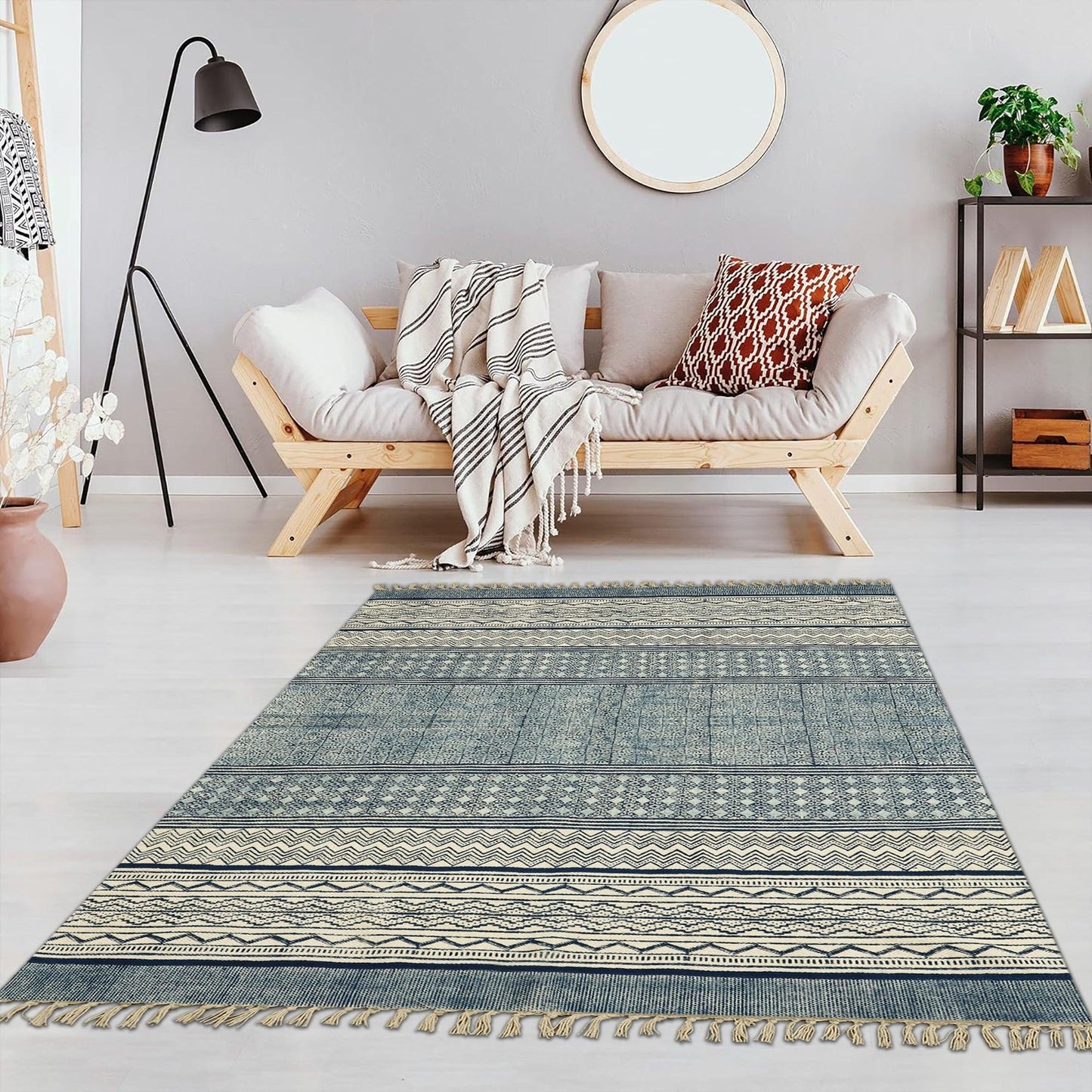 Blue Beige Indian Hand Block Print Geometric Guest room Cotton rug