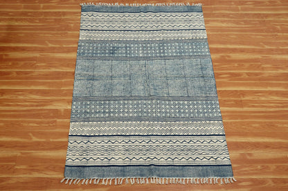 Blue Beige Indian Hand Block Print Geometric Guest room Cotton rug