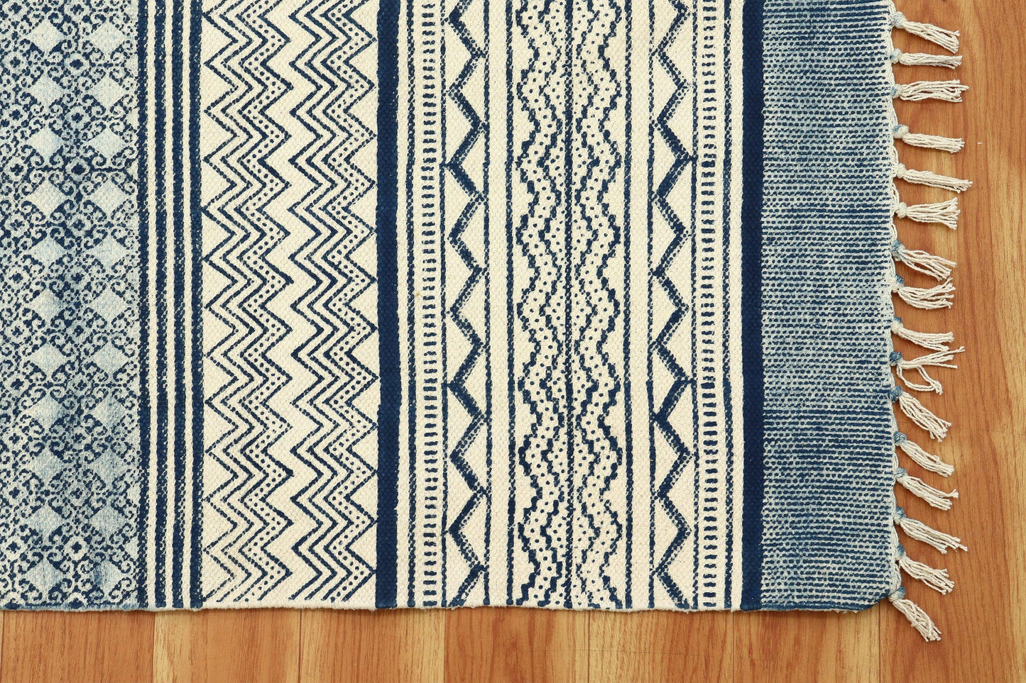 Blue Beige Indian Hand Block Print Geometric Guest room Cotton rug