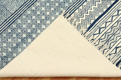 Blue Beige Indian Hand Block Print Geometric Guest room Cotton rug