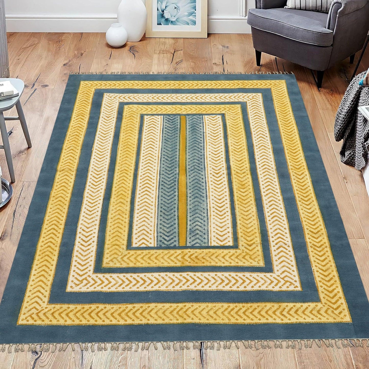 Yellow Blue Indian Hand Block Print Geometric Guest room Cotton rug