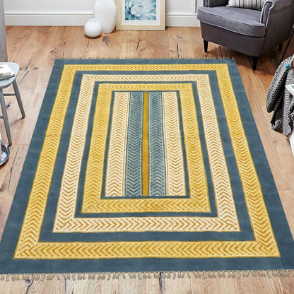 Yellow Blue Indian Hand Block Print Geometric Guest room Cotton rug