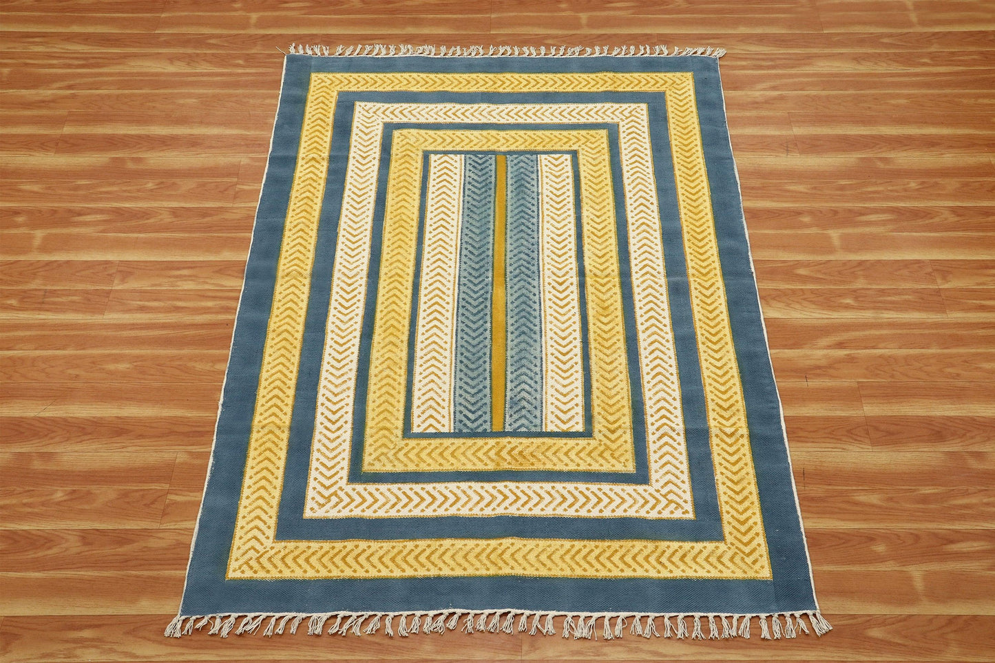 Yellow Blue Indian Hand Block Print Geometric Guest room Cotton rug