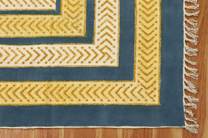 Yellow Blue Indian Hand Block Print Geometric Guest room Cotton rug