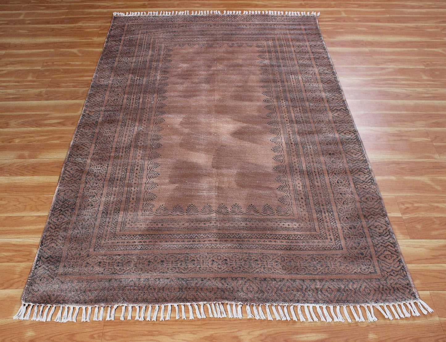 Hand Block Printed Interior Brown Cotton Dhurries