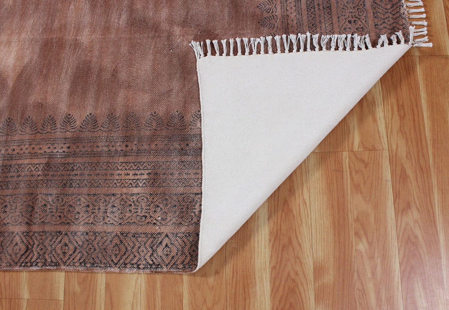 Hand Block Printed Interior Brown Cotton Dhurries