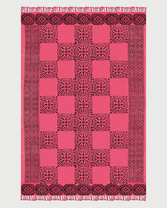 Traditional Hand Block Printed Geometric Red Black Entrance Cotton Dhurries