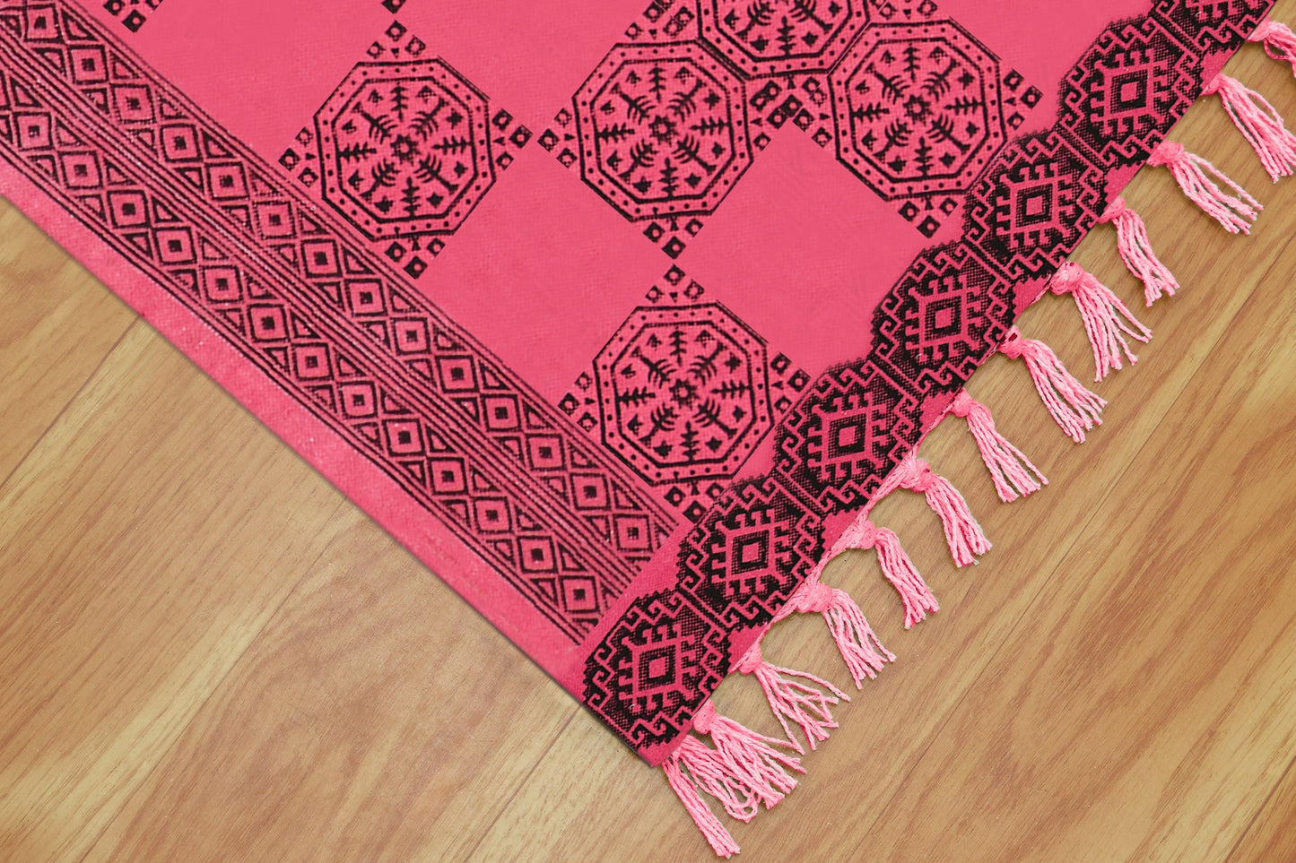 Traditional Hand Block Printed Geometric Red Black Entrance Cotton Dhurries