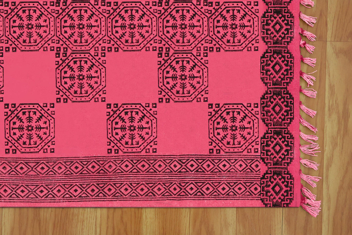 Traditional Hand Block Printed Geometric Red Black Entrance Cotton Dhurries