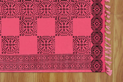 Traditional Hand Block Printed Geometric Red Black Entrance Cotton Dhurries