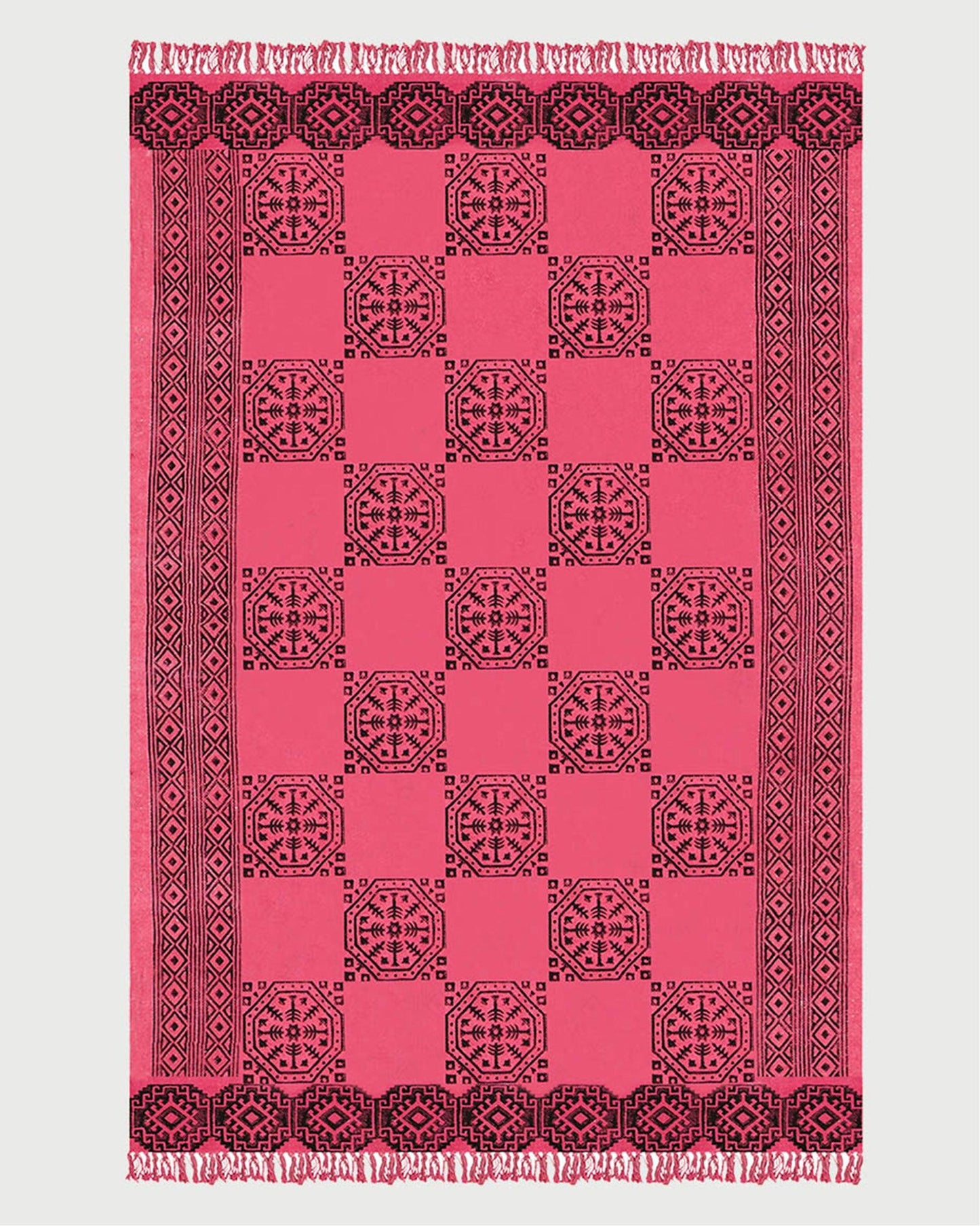 Beautiful Hand Block Printed Geometric Red Black Entry Way Cotton Dhurries