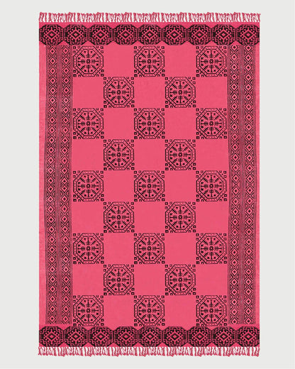 Beautiful Hand Block Printed Geometric Red Black Entry Way Cotton Dhurries