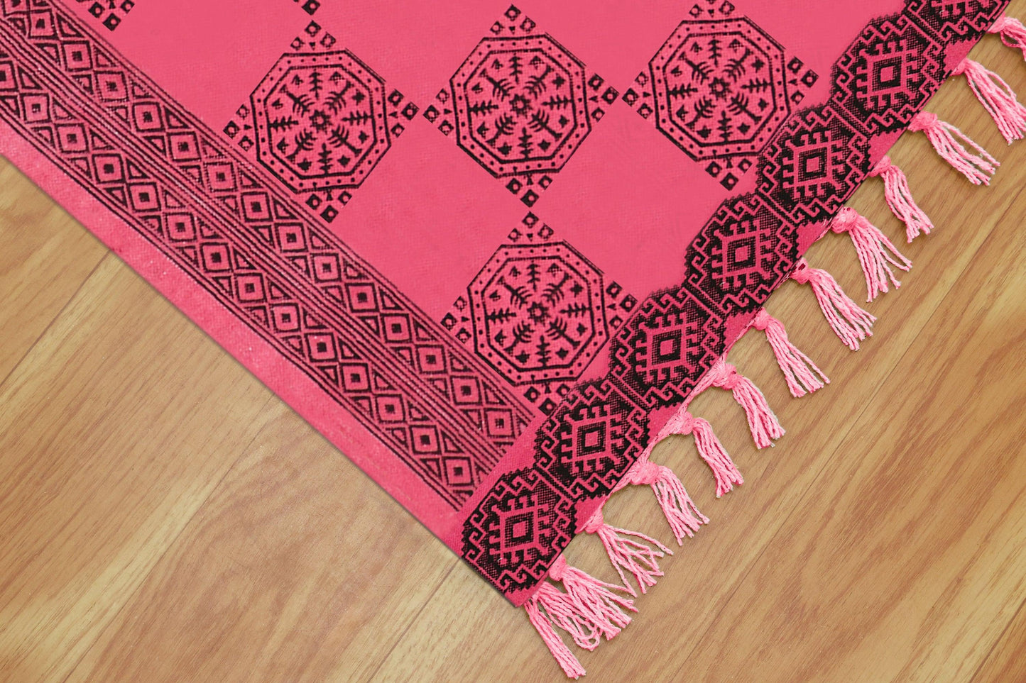 Beautiful Hand Block Printed Geometric Red Black Entry Way Cotton Dhurries