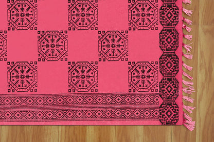 Beautiful Hand Block Printed Geometric Red Black Entry Way Cotton Dhurries