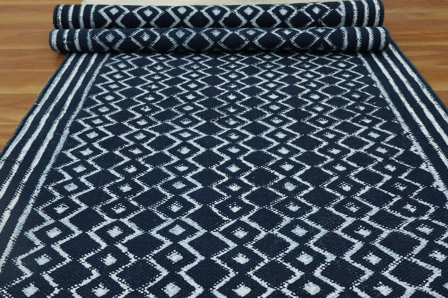 Living Room Blue Hand Block Printed Cotton Dhurrie