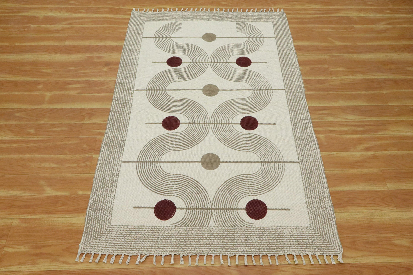 Entrance Beige Hand Block Printed Cotton Dhurrie