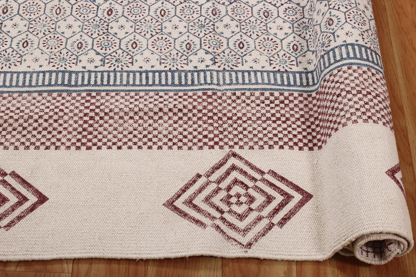 Hand Block Printed Living Area Blue Cotton Dhurries