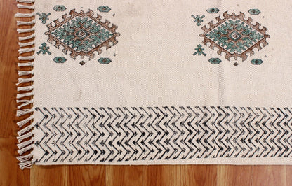 Green Hand Block Printed Sea House Cotton Dhurries