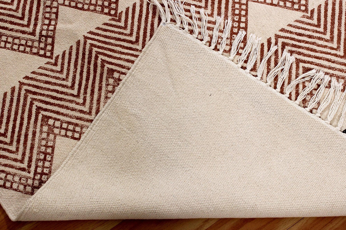 Interior Hand Block Printed Brown Cotton Dhurrie