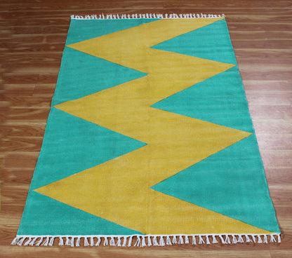 Outdoor Hand Block Printed Yellow Cotton Dhurrie