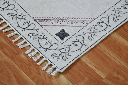 Hand Block Printed Beige Home Decor Cotton Dhurrie