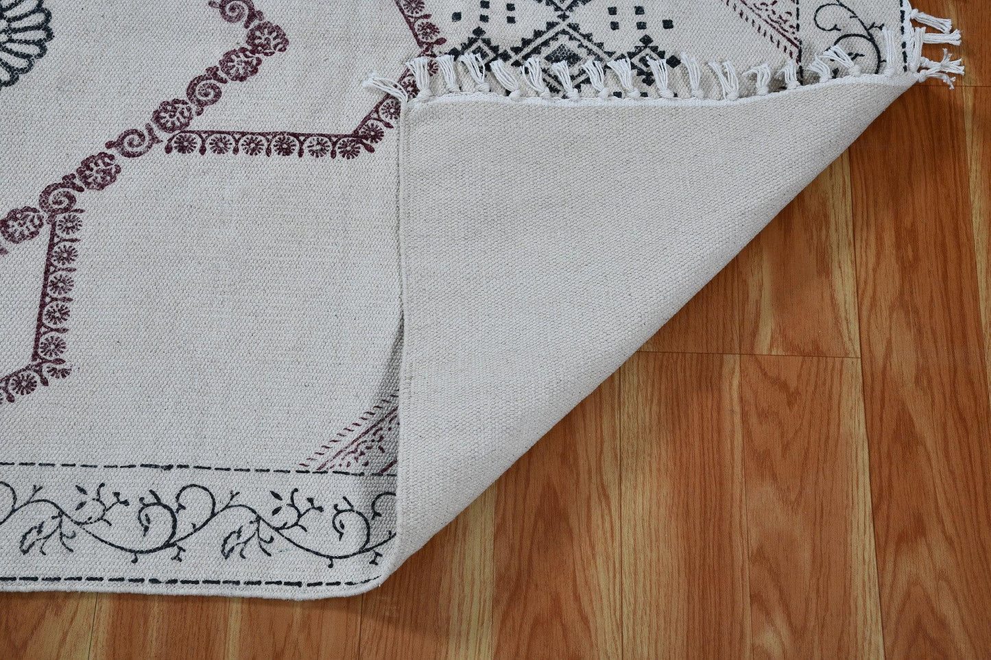 Hand Block Printed Beige Home Decor Cotton Dhurrie