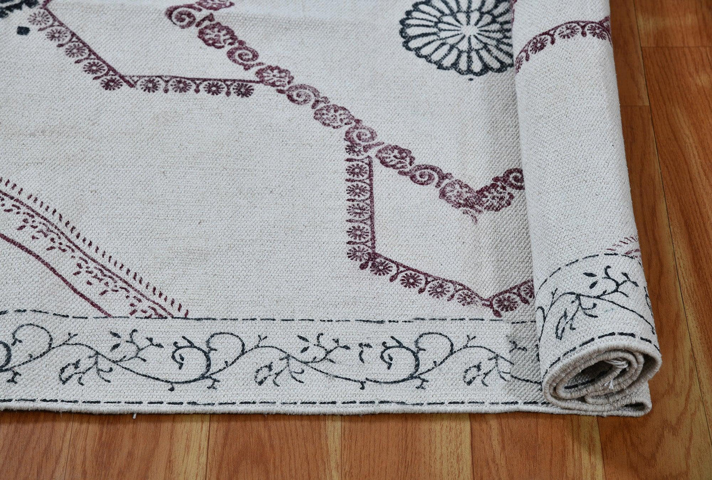 Hand Block Printed Beige Home Decor Cotton Dhurrie