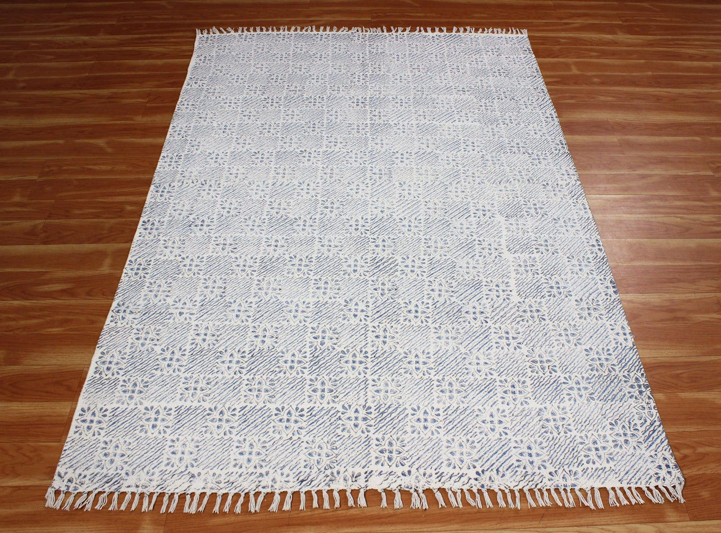 Beige Hand Block Printed Outdoor Cotton Dhurrie