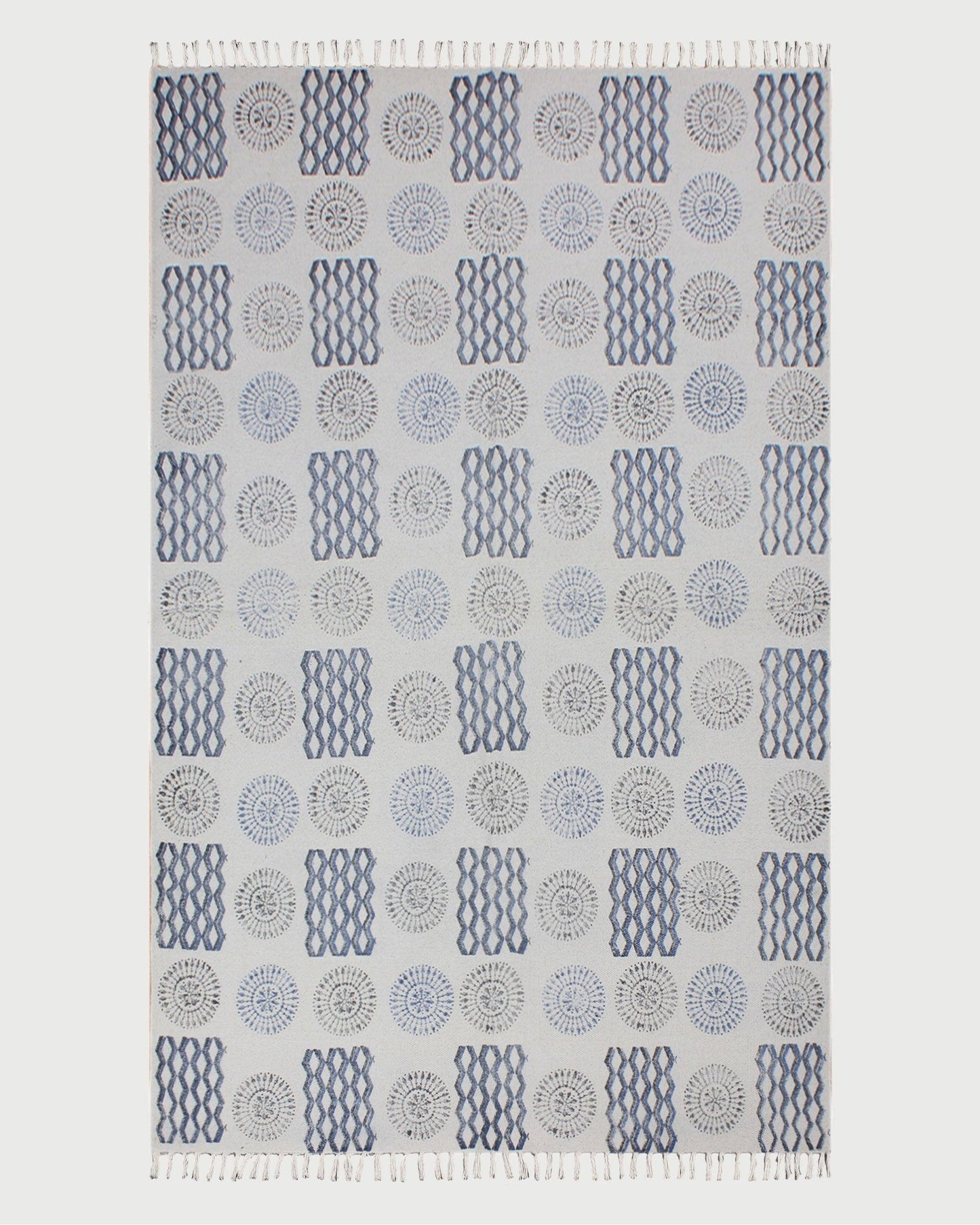 Hand Block Printed Interior Blue Cotton Dhurrie