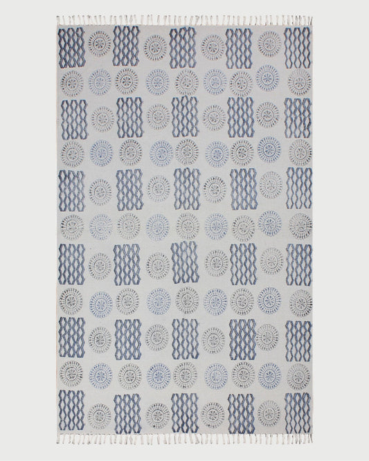 Hand Block Printed Interior Blue Cotton Dhurrie